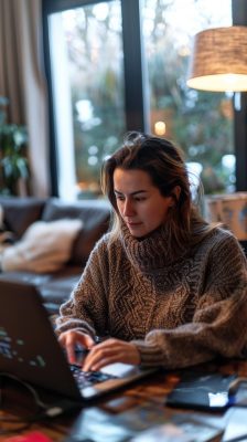 Frau sitzt konzentriert mit Laptop im gemütlichen Wohnzimmer – Sinnbild für die 1:1-Begleitung online